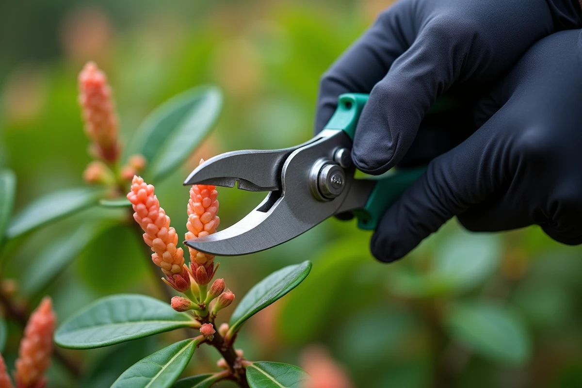 Gros plan sur une coupe précise au sécateur manuel sur une tige d'arbre à crevette, détail des bractées saumon et des feuilles vertes