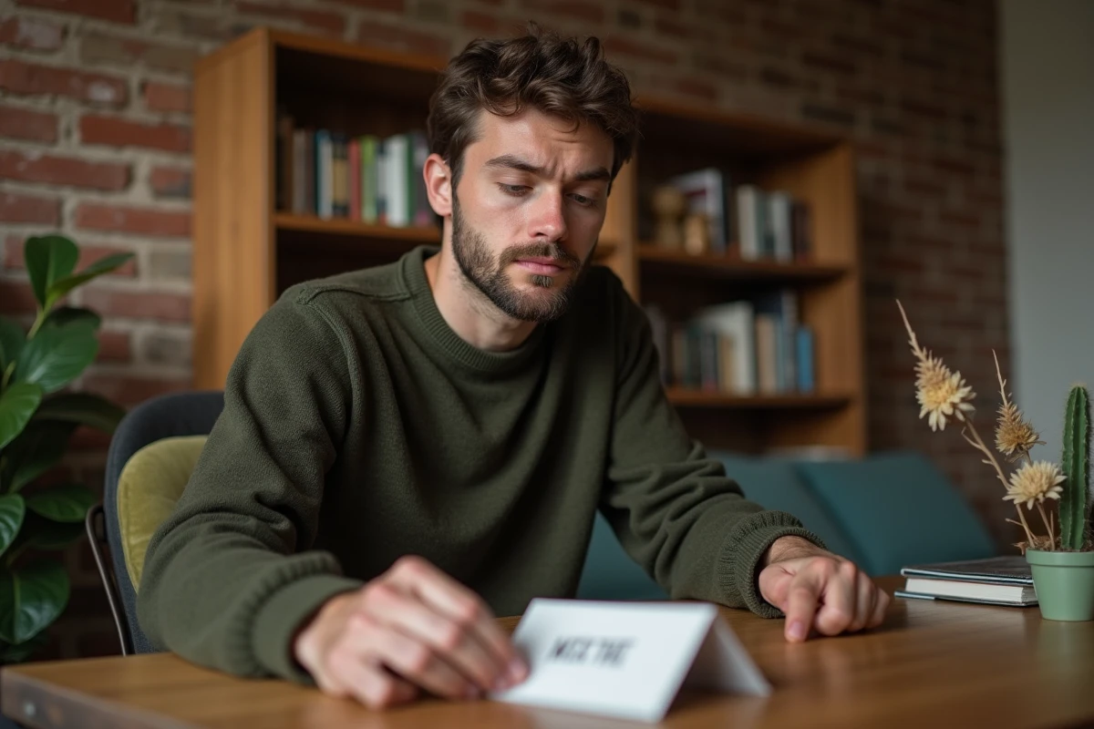 Homme déposant un cactus décoratif sur un bureau en bois avec une carte de vœux dans un bureau cosy à mur en briques