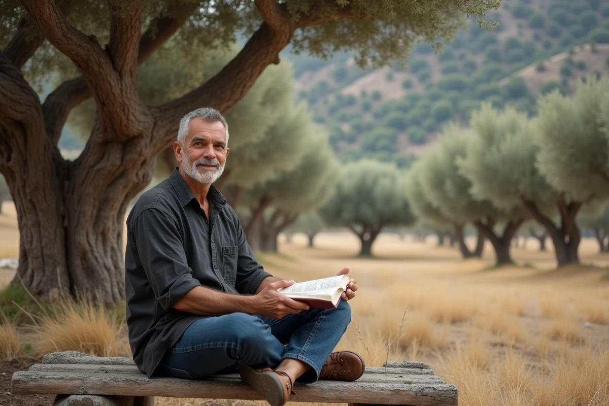 Homme contemplatif sous un olivier en 2026, quête spirituelle et sagesse ancienne