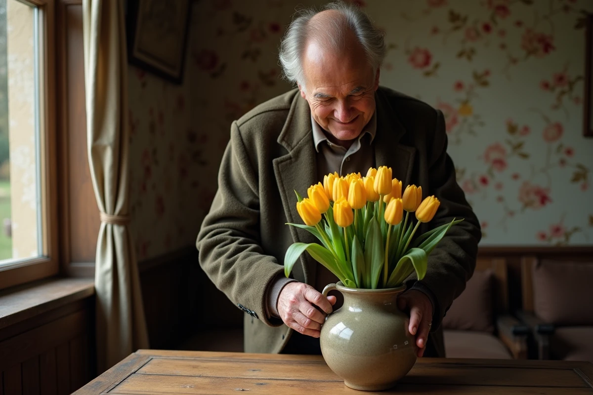 Homme âgé arrangeant des tulipes dans un vase en intérieur