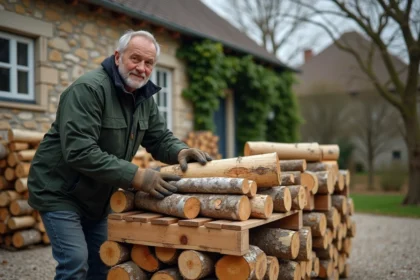 Homme empilant des stères de bois de chauffage sur palette en milieu rural à l'automne