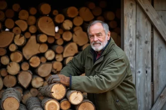 Homme empilant du bois de chauffage en stères contre une grange en bois à la campagne