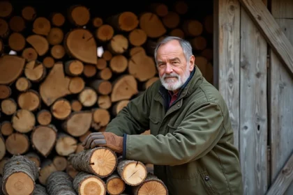 Homme empilant du bois de chauffage en stères contre une grange en bois à la campagne
