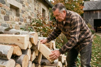 Homme empilant des bûches d'albizia fraîchement fendues contre un mur en pierre dans un jardin de campagne française en automne