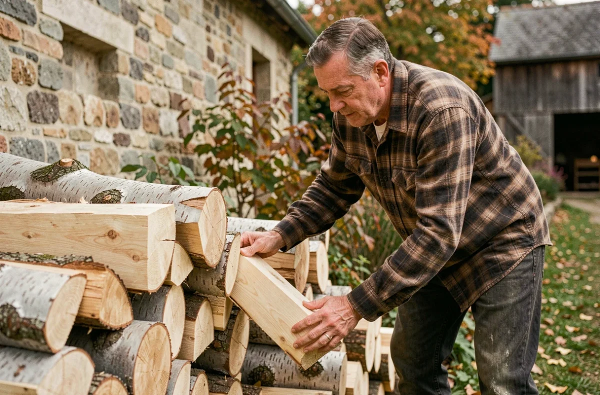 Homme empilant des bûches d'albizia fraîchement fendues contre un mur en pierre dans un jardin de campagne française en automne