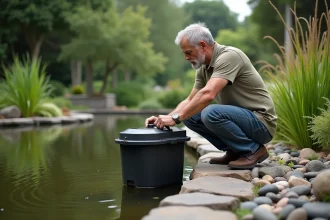 Homme d'âge moyen vérifiant un filtre de bassin dans un jardin