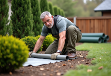 Homme en extérieur étalant une sous-couche dans le jardin