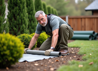 Quantité de sous-couche pour gazon artificiel : optimisez l’installation ! Homme en extérieur étalant une sous-couche dans le jardin
