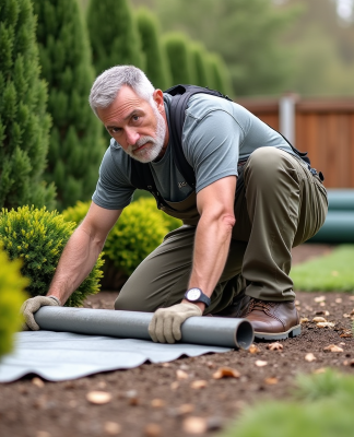 Homme en extérieur étalant une sous-couche dans le jardin