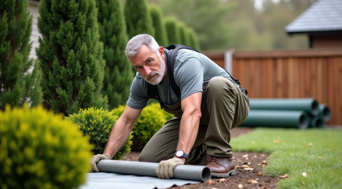 Homme en extérieur étalant une sous-couche dans le jardin