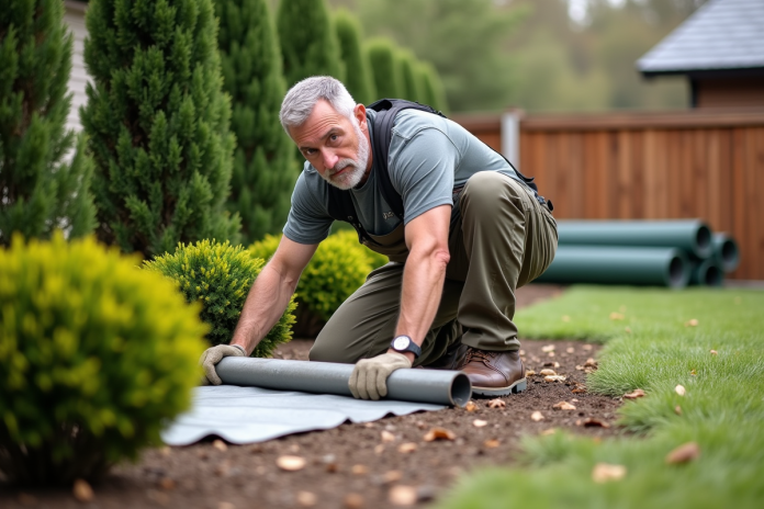 homme-jardin-spread-underlay Homme en extérieur étalant une sous-couche dans le jardin