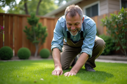 Homme d'âge moyen dans le jardin vérifiant l'humidité du sol