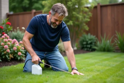 Homme appliquant herbicide sur la pelouse verte
