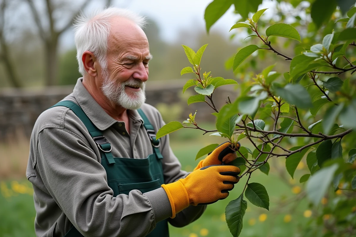 Homme inspectant de jeunes pousses de mimosa