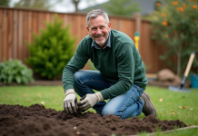 Graines de gazon : Comment bien les enfouir pour un beau jardin ? Homme d'âge moyen en jeans vert et gants de jardinage prépare la terre