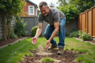 Homme d'âge moyen en vêtements casual semant des graines dans la pelouse