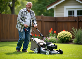 Tondeuse tractée ou autotractée : différences et avantages à connaître Homme d'âge moyen utilisant une tondeuse à gazon dans un jardin bien entretenu