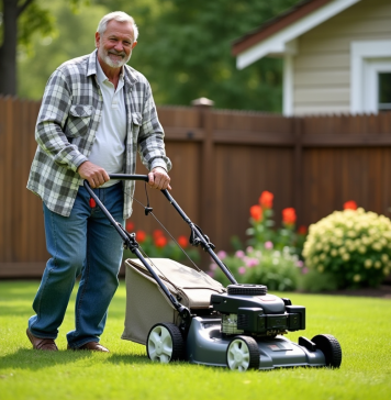 Tondeuse tractée ou autotractée : différences et avantages à connaître Homme d'âge moyen utilisant une tondeuse à gazon dans un jardin bien entretenu