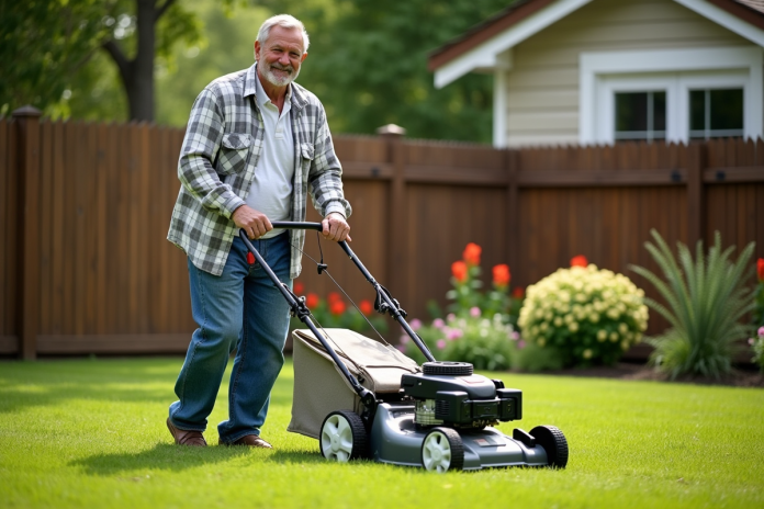 homme-jardinage-tondeuse Homme d'âge moyen utilisant une tondeuse à gazon dans un jardin bien entretenu