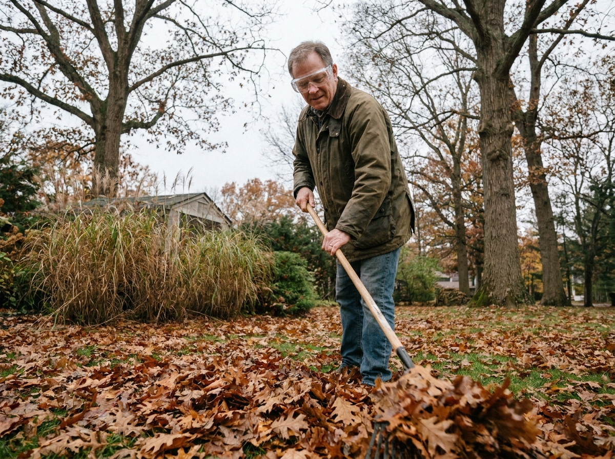 Homme protégeant ses yeux avec des lunettes lors du ramassage de feuilles mortes dans le jardin en automne