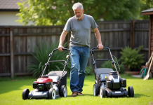 Tondeuse thermique ou électrique : quelle différence ? Comparatif complet Homme compare tondeuse essence et electrique dans jardin