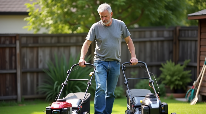 Homme compare tondeuse essence et electrique dans jardin