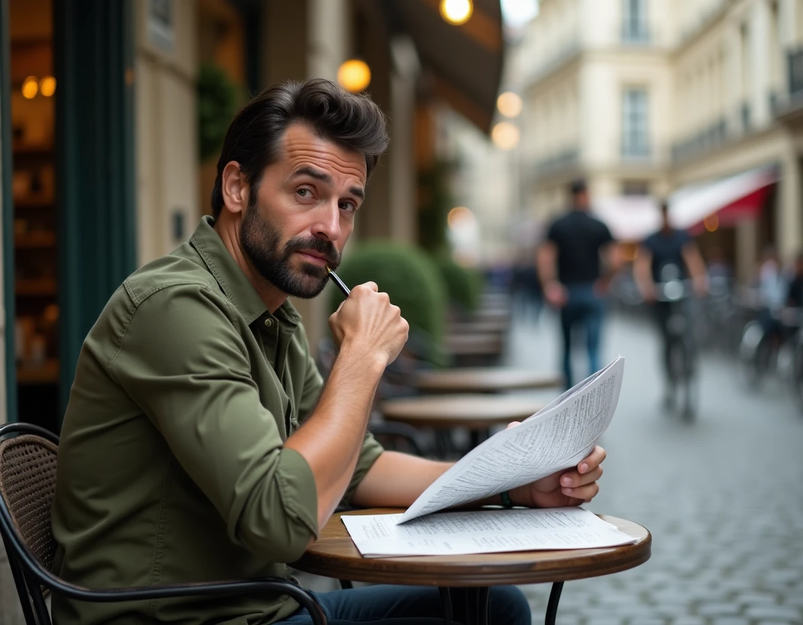 Homme résolvant un magazine de mots fléchés en terrasse de café parisien