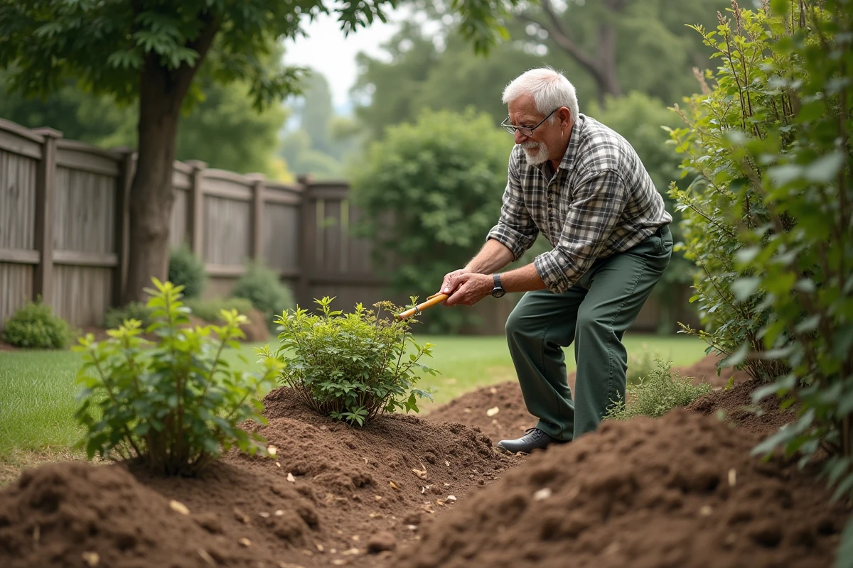 Homme âgé étalant du paillis dans un jardin spacieux