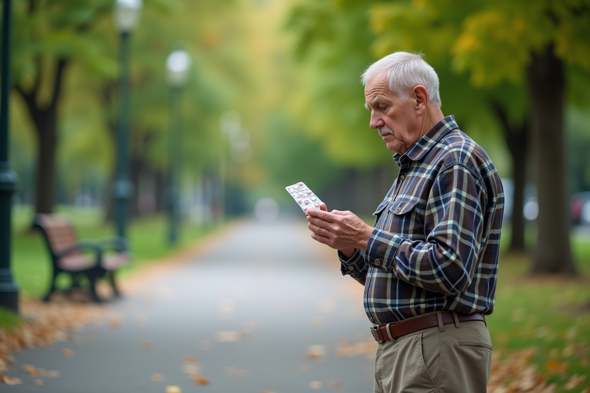 Homme âgé examinant un pack de comprimés de glycine dans un parc