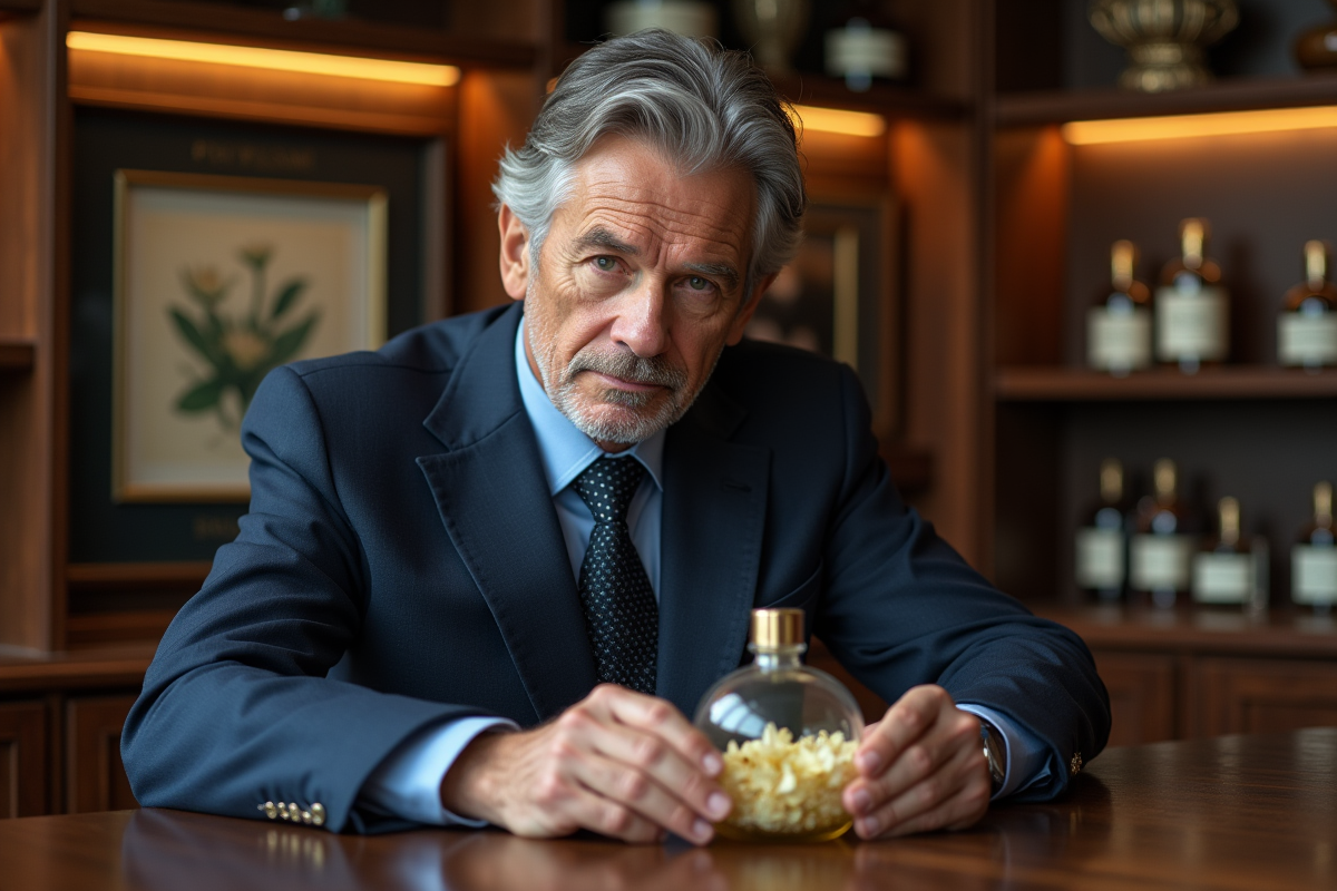 Homme en costume regardant un bouquet de jasmin dans une parfumerie