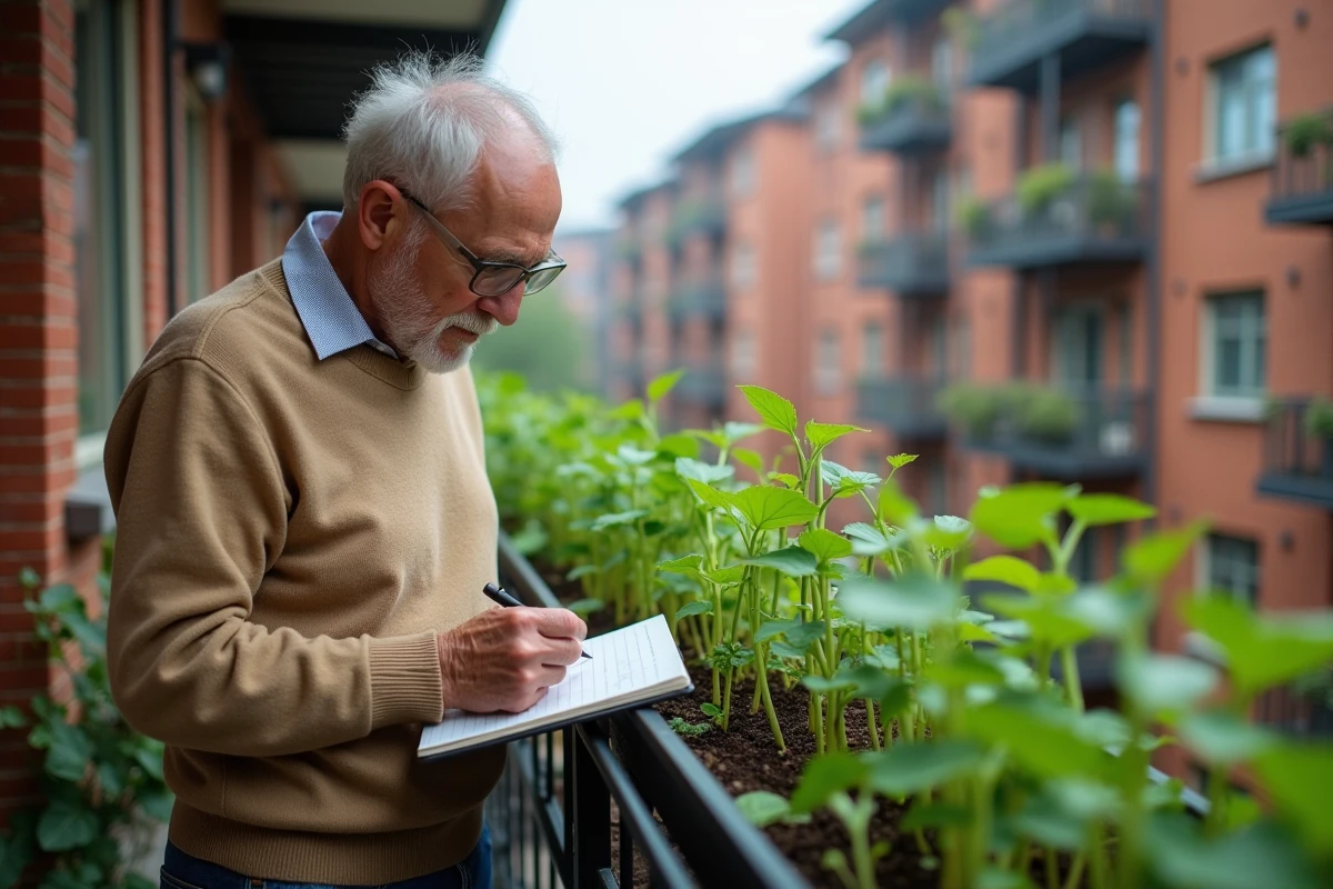 Homme âgé examinant des jeunes pousses de haricots sur un balcon