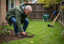 Marcher sur une pelouse fraîchement semée : conseils et précautions à prendre Homme en jeans et coupe-vent vert dans un jardin ensoleille