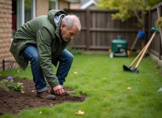 Marcher sur une pelouse fraîchement semée : conseils et précautions à prendre Homme en jeans et coupe-vent vert dans un jardin ensoleille