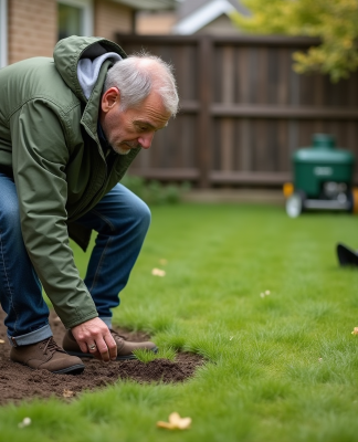 Homme en jeans et coupe-vent vert dans un jardin ensoleille