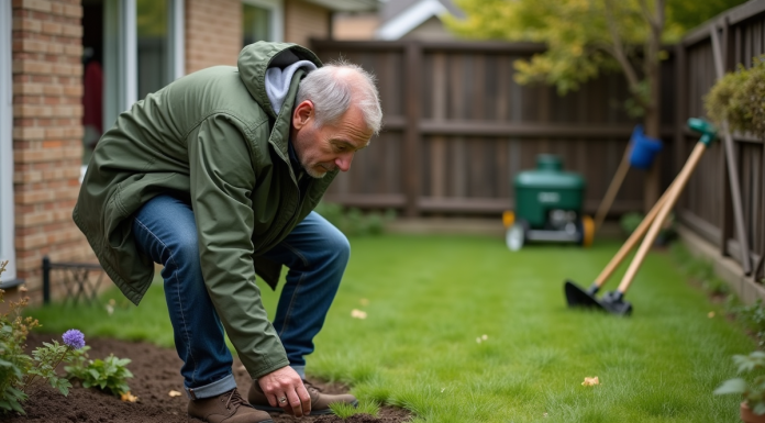 Homme en jeans et coupe-vent vert dans un jardin ensoleille