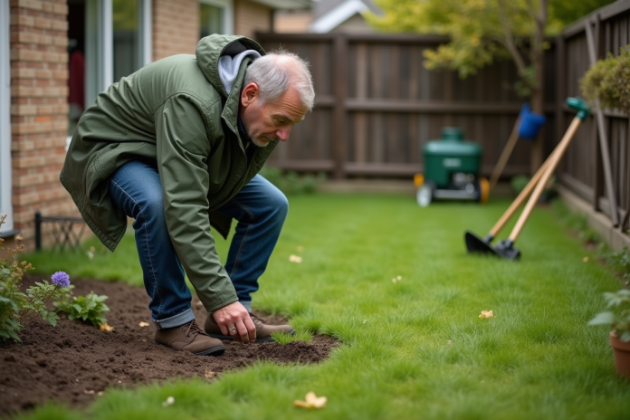 homme-plantation-jardin Homme en jeans et coupe-vent vert dans un jardin ensoleille