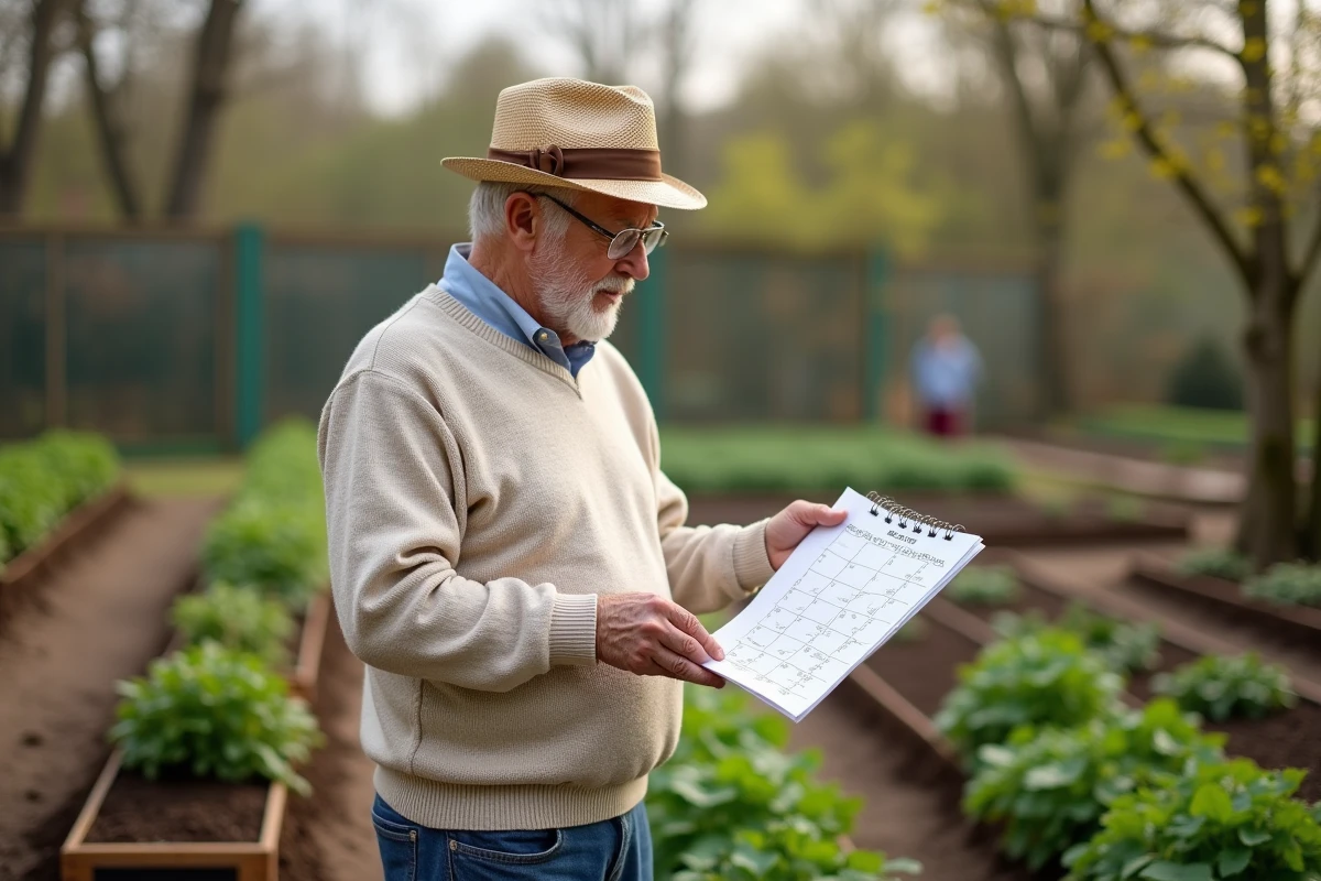 Homme âgé consultat un calendrier de jardinage