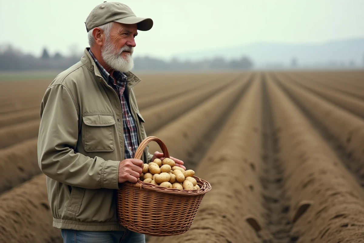 Homme âgé tenant un panier de pommes de terre dans le champ