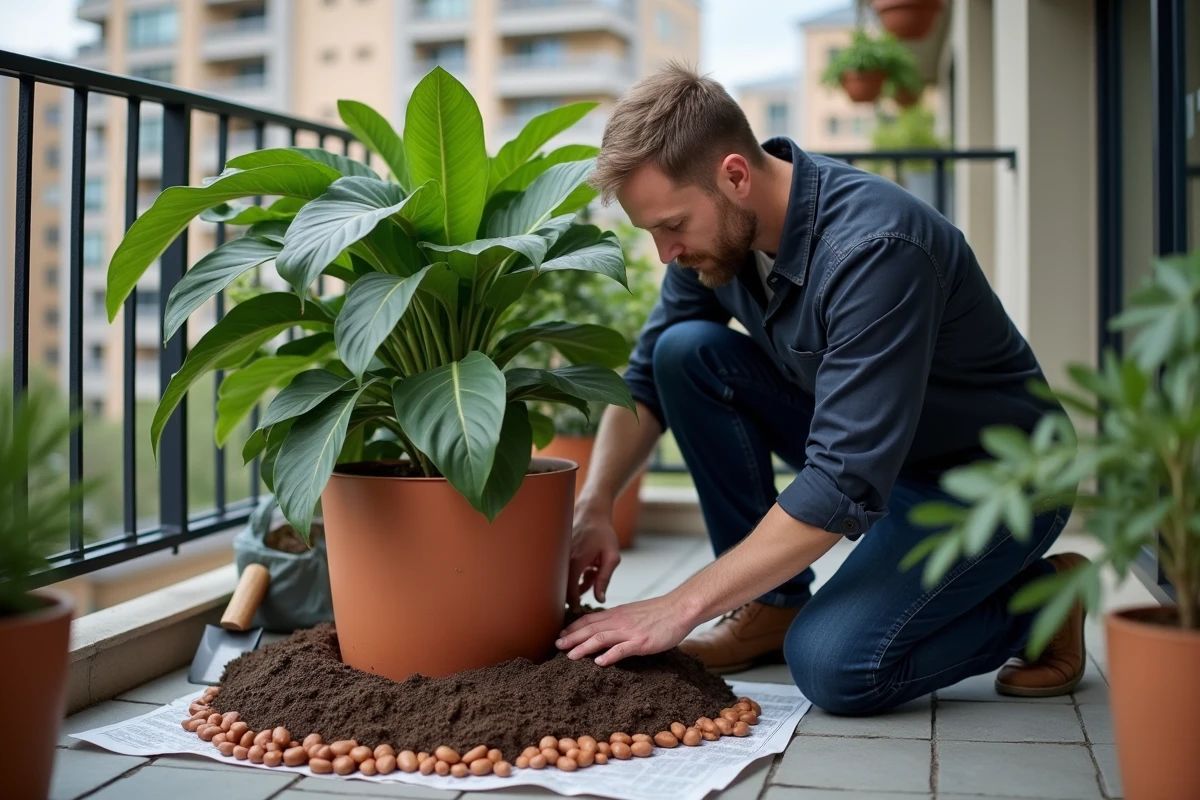 Homme rempotant un grand ficus lyrata dans un pot en terre cuite sur un balcon urbain