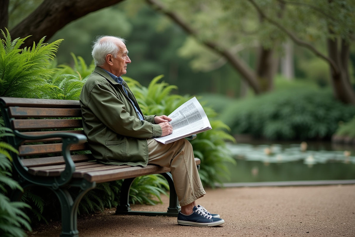 Homme âgé lisant un journal dans un jardin luxuriant