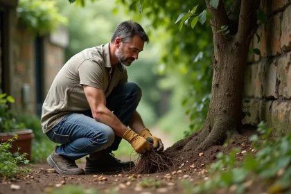 Homme examine racines de figuier dans son jardin