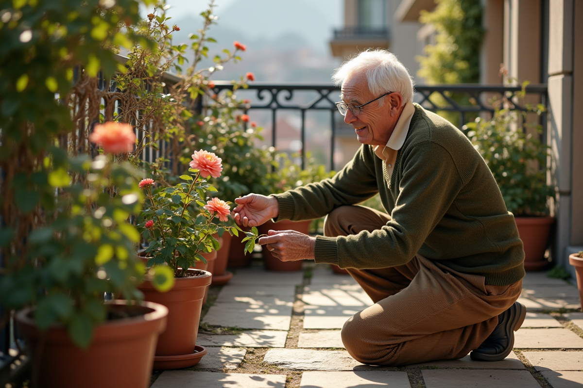 Homme âgé prenant soin de ses rosiers sur un balcon urbain