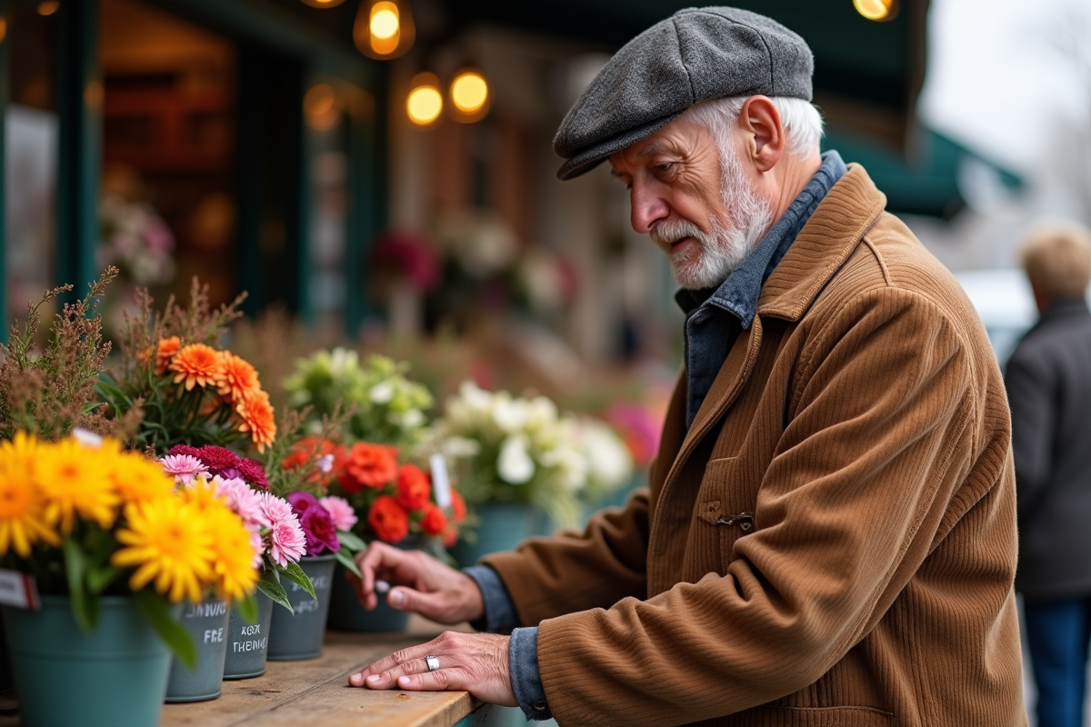 Homme choisissant des fleurs fraîches au marché d