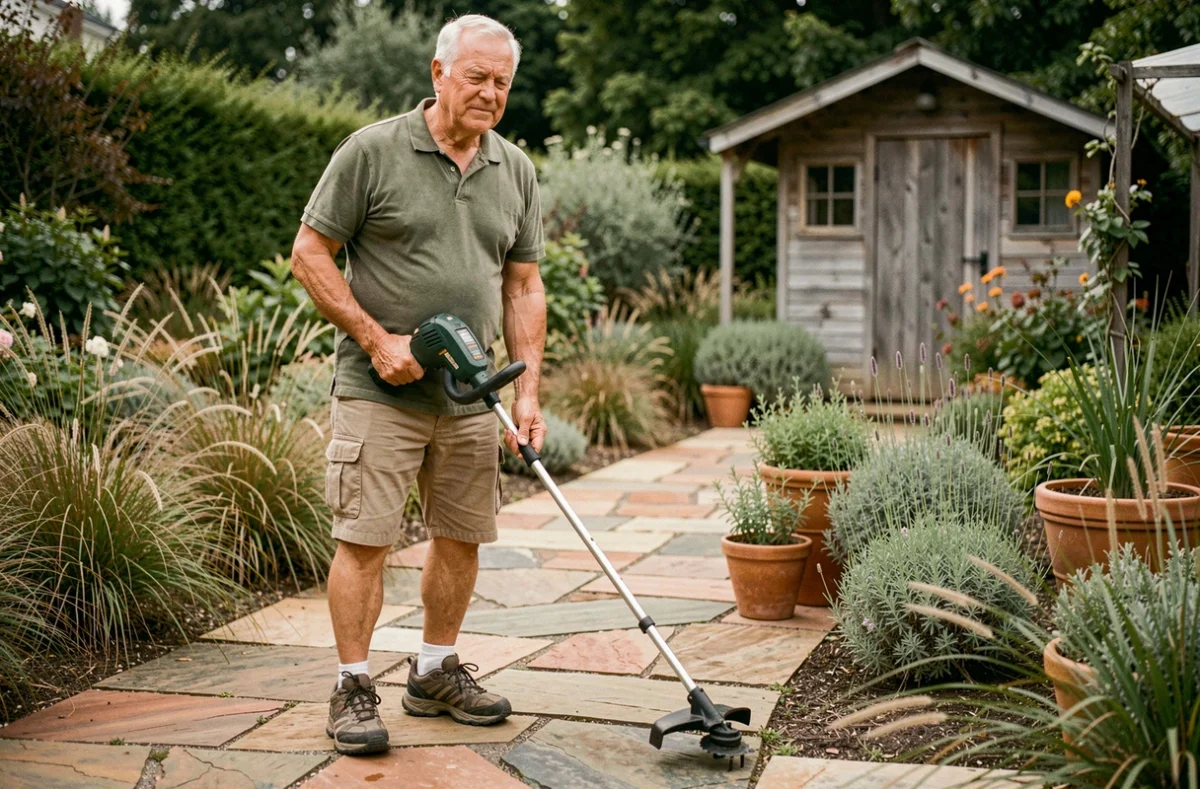 Homme senior utilisant un rotofil sans fil compact pour border une allée en pierre dans un jardin résidentiel