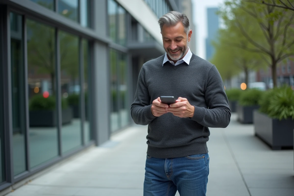 Homme souriant vérifiant son smartphone devant un bâtiment moderne