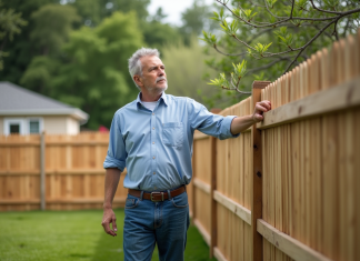 Option de clôture rentable : trouver la meilleure solution pour votre projet Homme d'âge moyen examine une clôture en bois dans son jardin