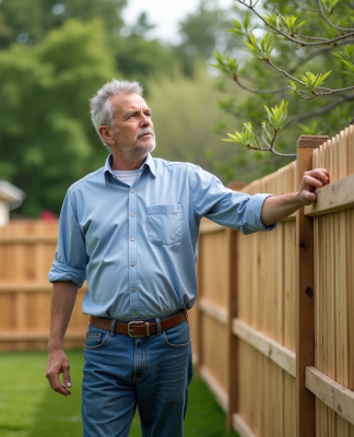 Homme d'âge moyen examine une clôture en bois dans son jardin