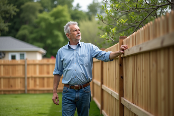 homme-surveille-cloture-jardin Homme d'âge moyen examine une clôture en bois dans son jardin