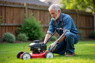 Homme d'âge moyen examine la lame d'une tondeuse dans un jardin