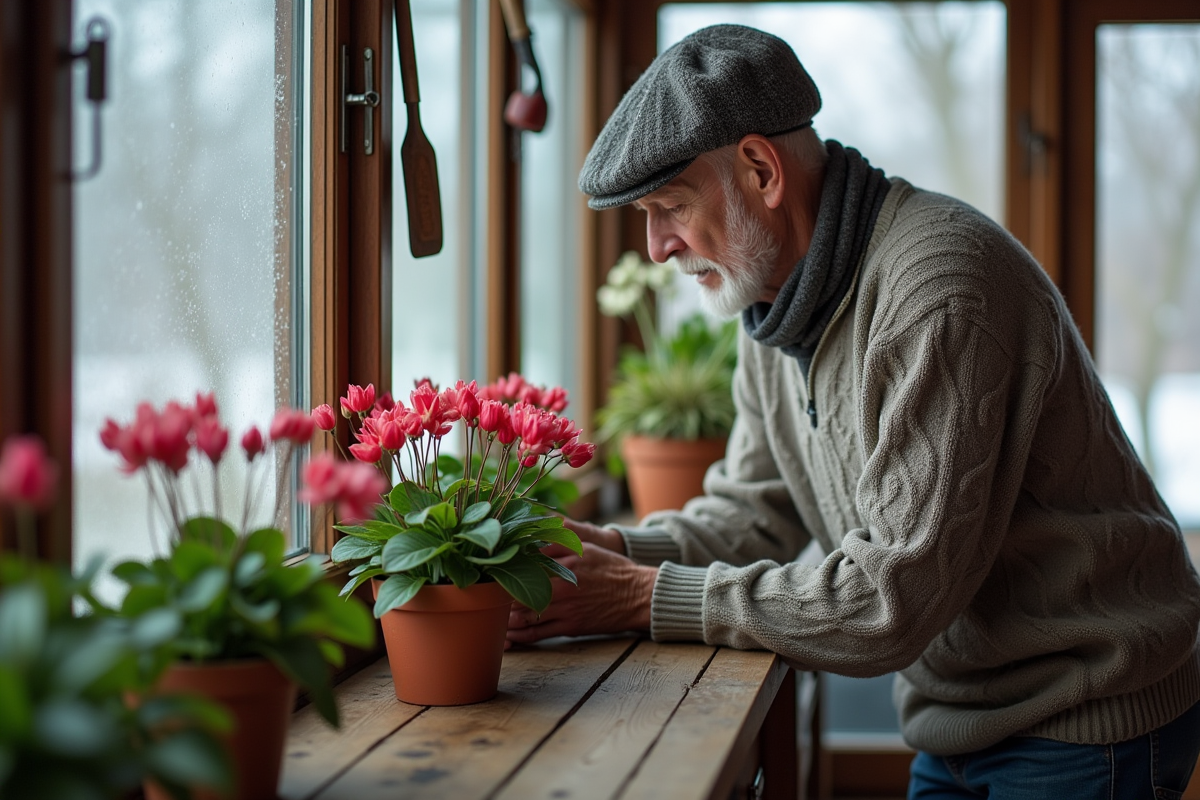 Homme âgé inspectant un cyclamen en intérieur cosy